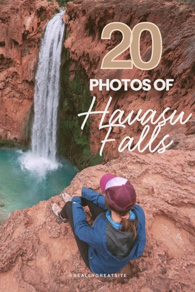 Pinnable image of woman sitting at the edge of lookout above Havasu Falls. Text reads "20 photos of Havasu Falls"