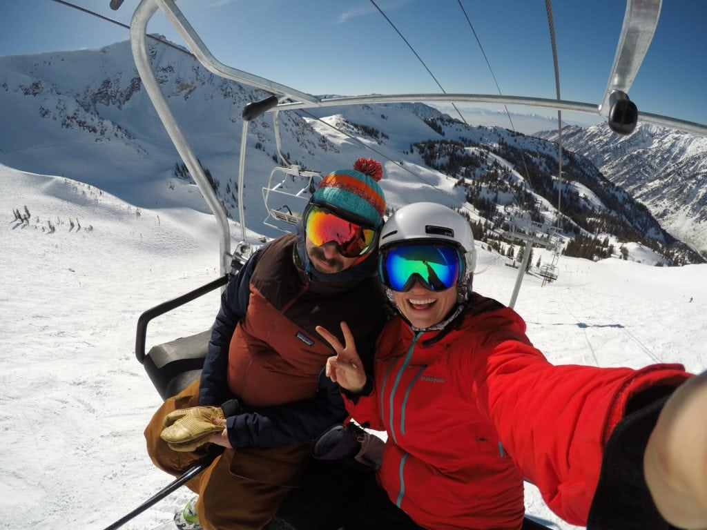 Couple on a chairlift at Snowbird