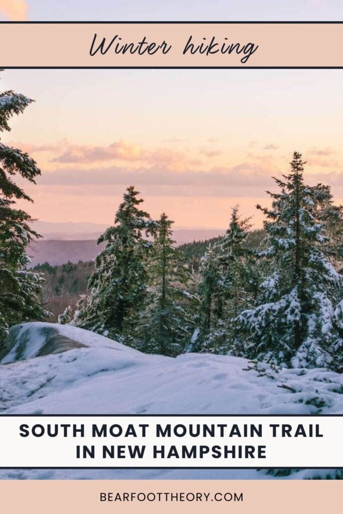 Snowy forest under sunset sky. Text reads "Winter Hiking: South Moat Mountain Trail in New Hampshire"