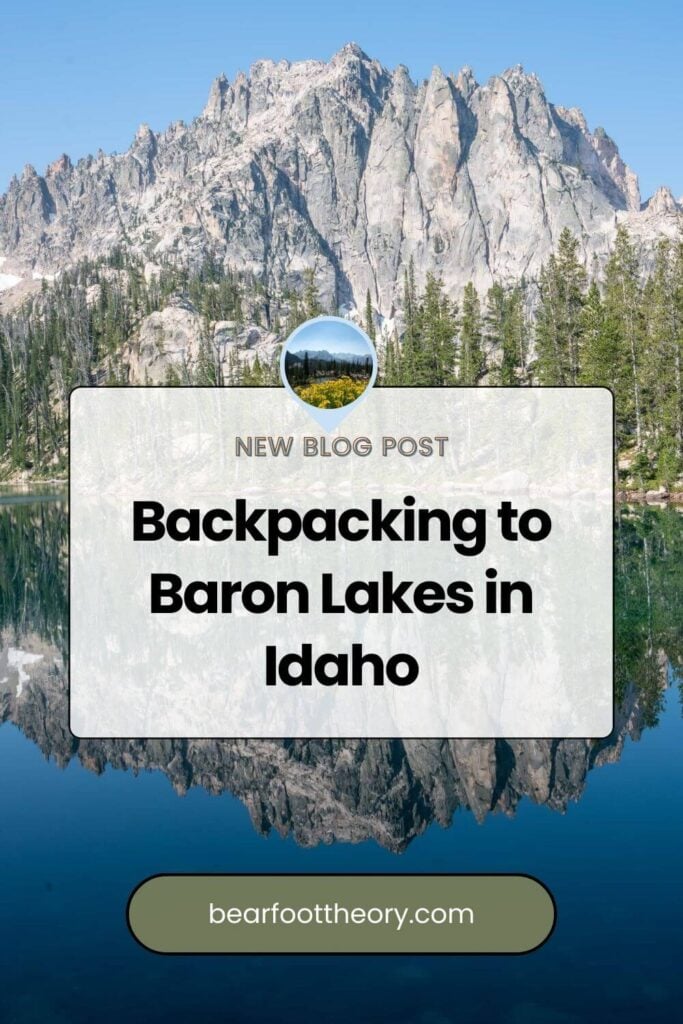 Pinnable image of mountain reflecting on surface of lake. Text reads "New Blog Post: Backpacking to Baron Lakes in Idaho"