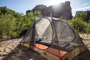 A REI Co-op backpacking tent set up outside