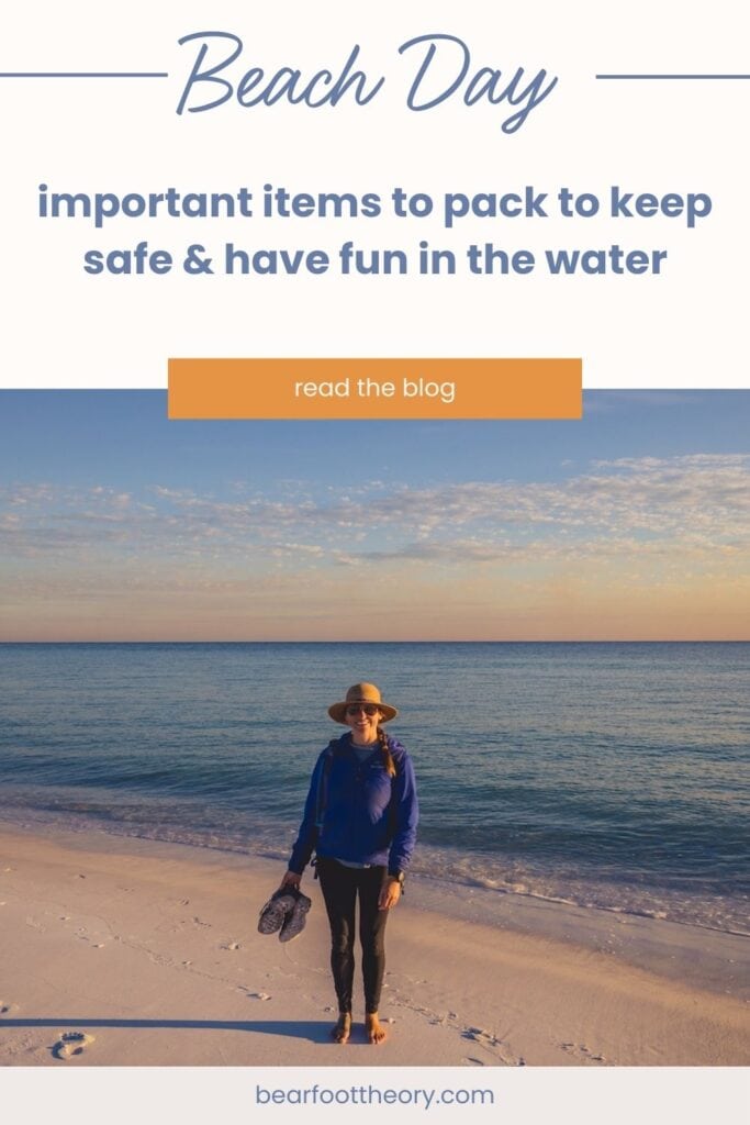 Kristen Bor standing on a beach holding shoes at sunset with text that says "Beach Day: important items to pack to keep safe and have fun in the water"