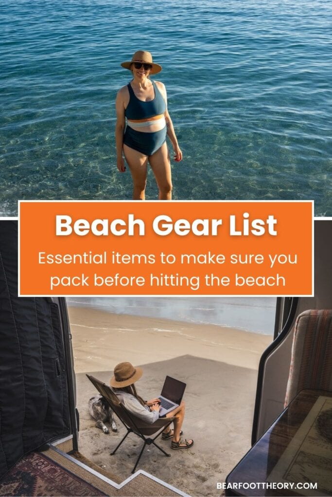 Kristen Bor smiling while standing in the water and working on her laptop in front of a Sprinter van with views of the ocean in front of her. Text reads, "Beach Gear List: Essential items to make sure you pack before hitting the beach"