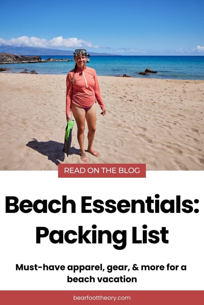 Kristen Bor standing on a sandy beach with blue ocean water behind her holding a green paddle board. Text reads, "Beach Essentials: Packing List, Must-have apparel, gear, and more for a beach vacation"