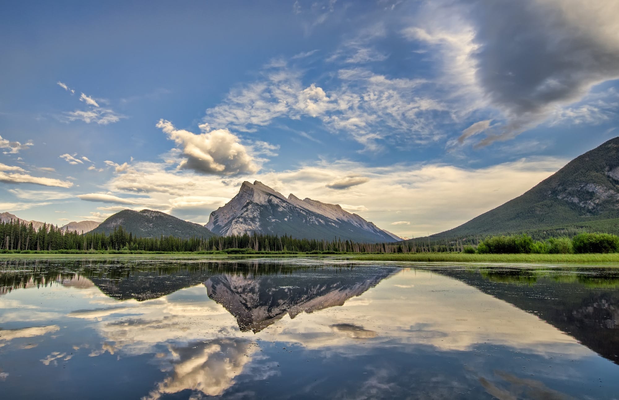 Vermillion Lake reflection of the snowcapped mountains at sunrise