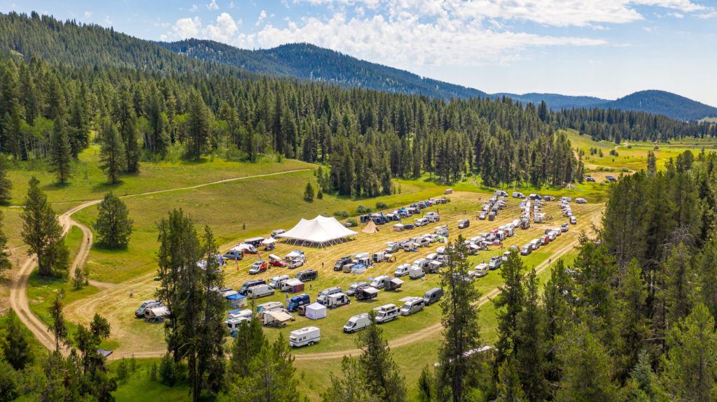 van festival circle from above // attending a gathering is a great way to look at different van floor plans