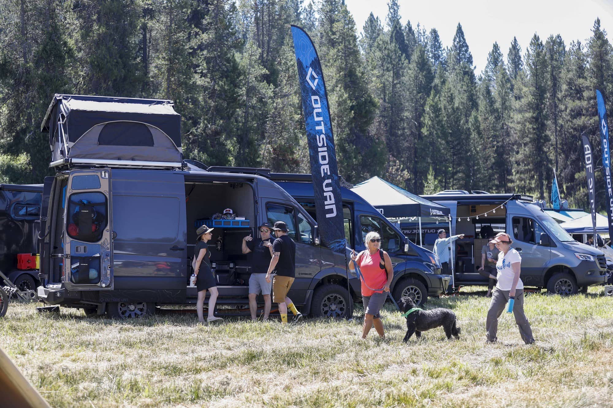 Outside Van set up at Open Roads Fest, a van life festival and campout in McCall, Idaho