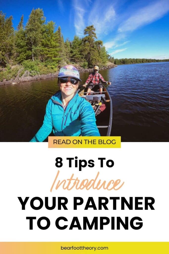 Two people in a canoe on a lake. Woman in front is taking a selfie. Text says "8 Tips to Introduce Your Partner to Camping"