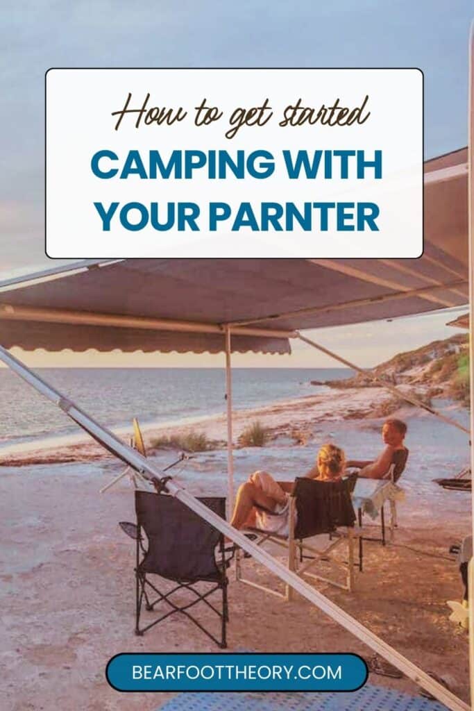 Two people sitting in chairs under RV awning on the beach. Text says "Hot to get started camping with your partner"