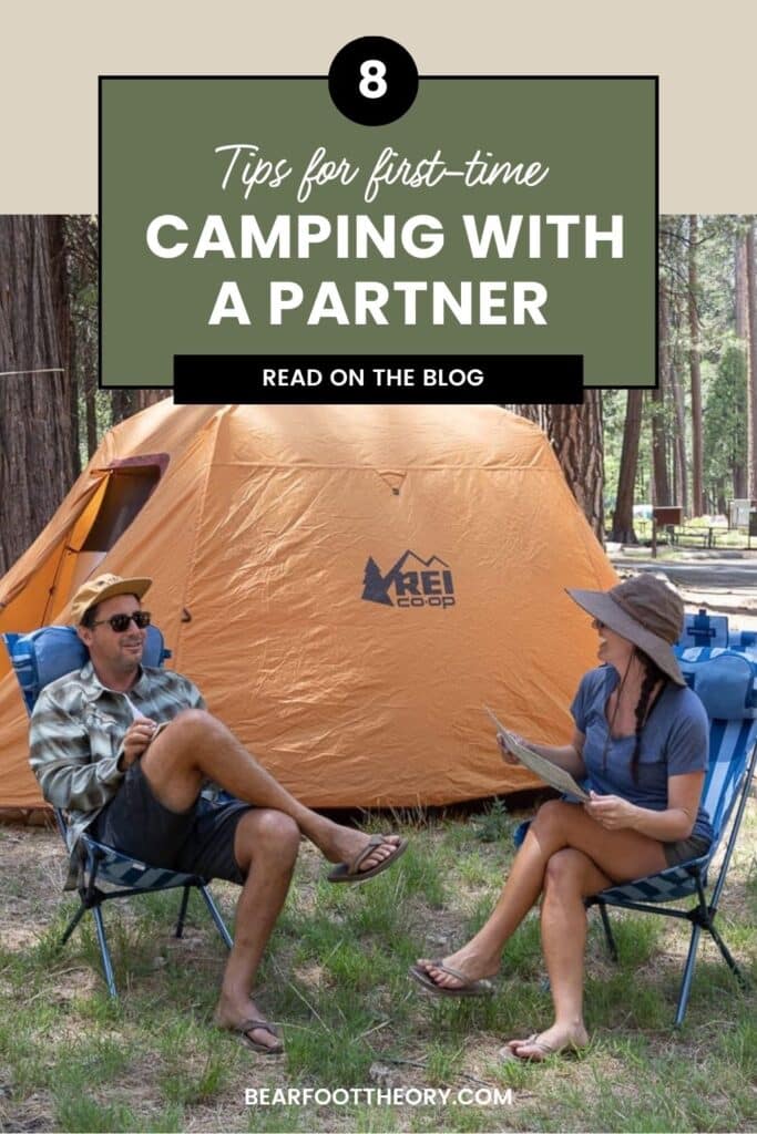 Two people sitting in chairs outside of tent. Text says "8 tips for first-time camping with a partner"