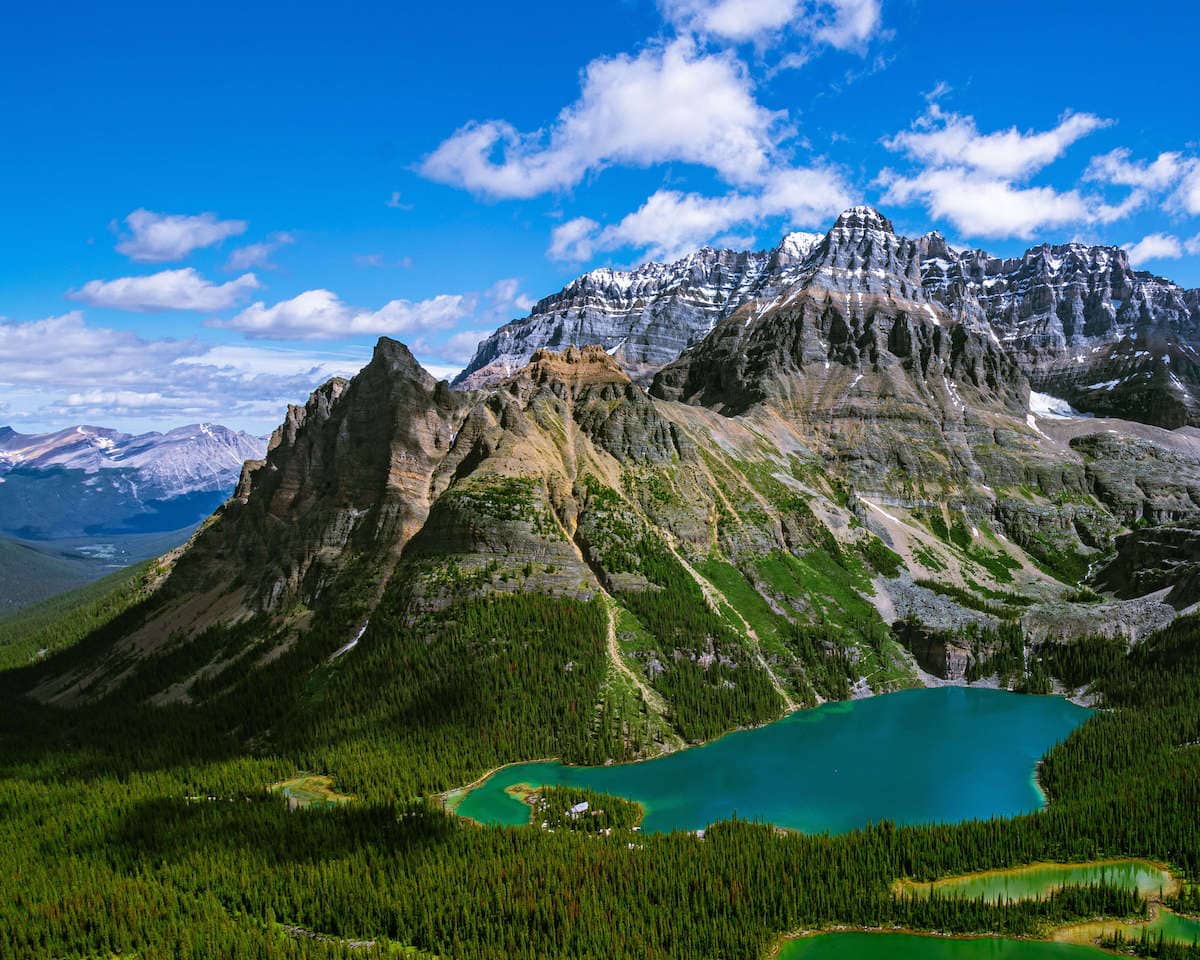 Views out over turquoise-colored lake O'Hare in the Canadian Rockies of Yoho National Park
