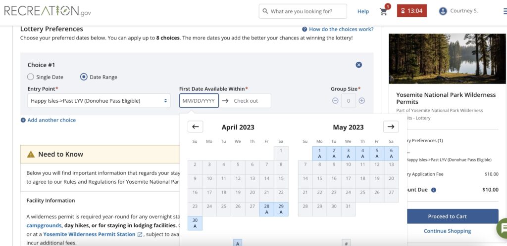 screenshot of JMT permit application with date ranges