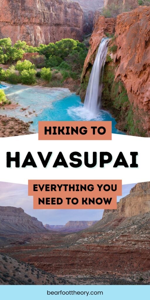 Blue desert waterfall with text "Hiking to Havasupai - everything you need to know"