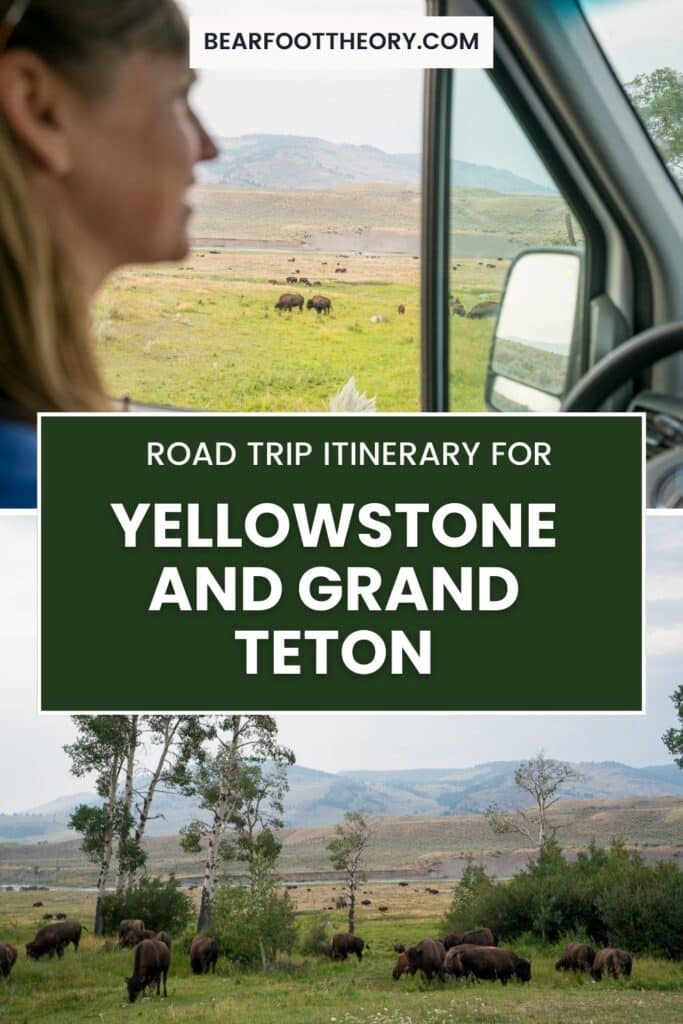 Kristen Bor in the drivers seat of a Sprinter Van driving through Lamar Valley with bison out the window with the text "Road Trip Itinerary for Yellowstone and Grand Teton"