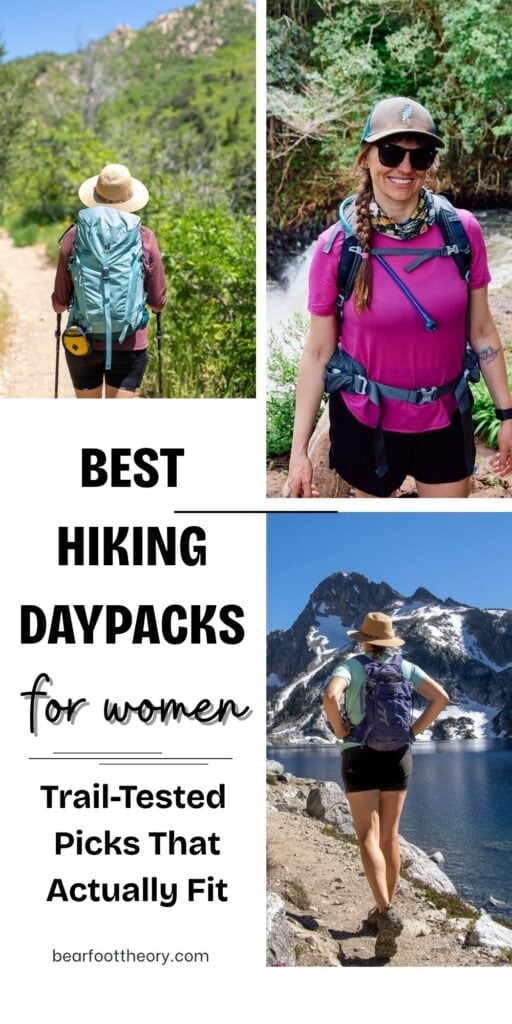 Collage of woman hiking with text "best hiking daypacks for women - trail tested picks that actually fit"