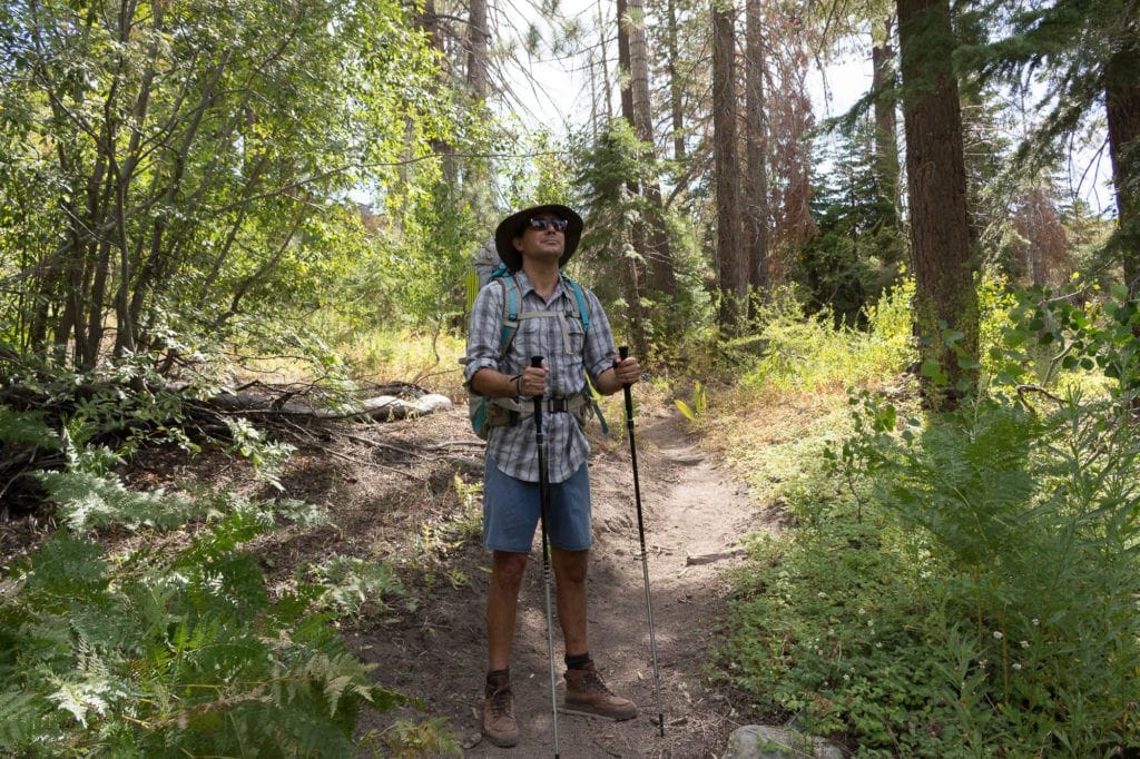 A man uses trekking poles while hiking in the woods