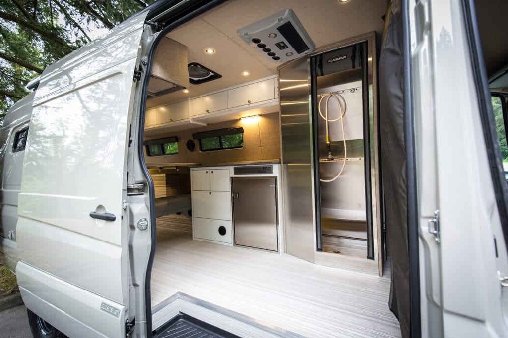 Aluminum shower inside a Outside Van conversion van