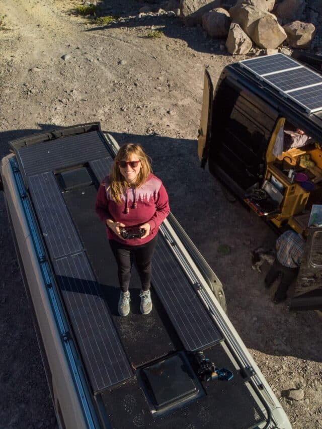 Zamp solar panels on the roof of a Sprinter Van designed for off-grid living