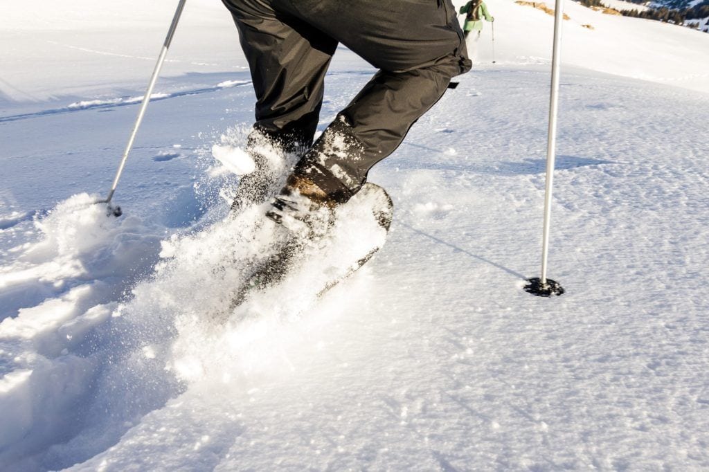 A person snowshoeing in the winter using trekking poles