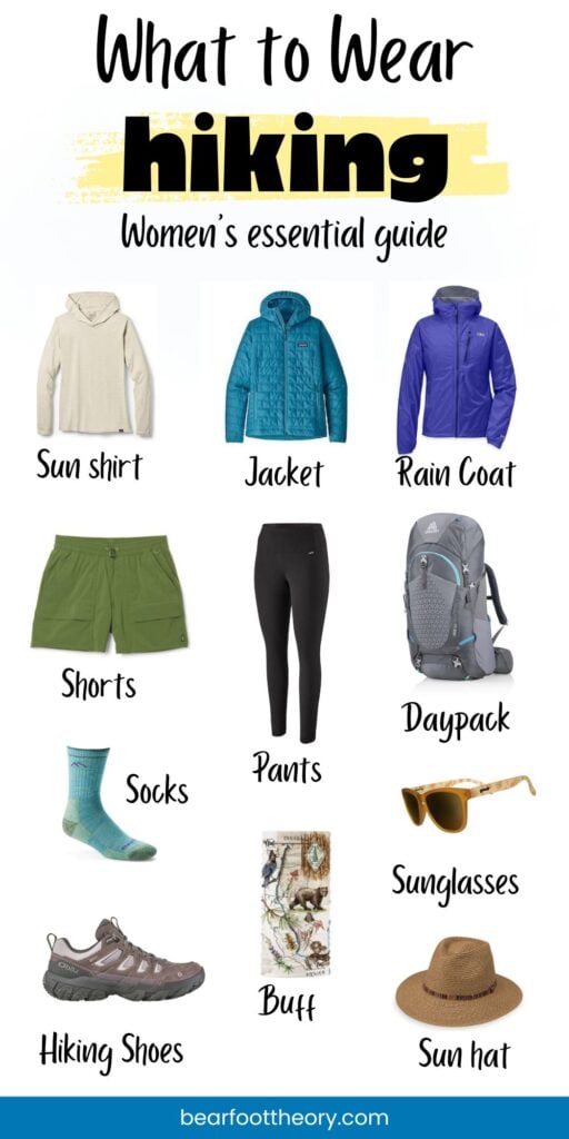 collage of hiking clothing with text "what to wear hiking - women's essential guide"