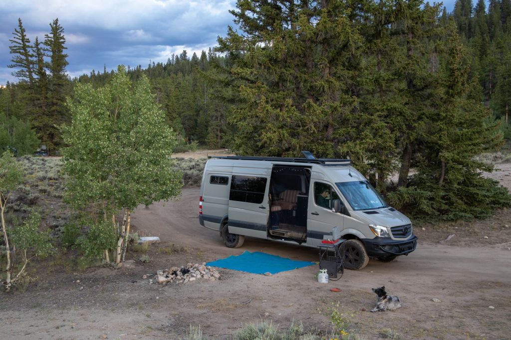 A Sprinter van boondocking near Twin Lakes in Colorado