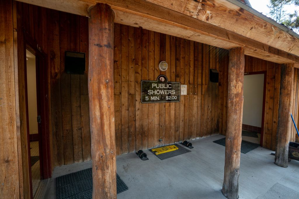 The outside of a wooden public shower building in Stanley, Idaho