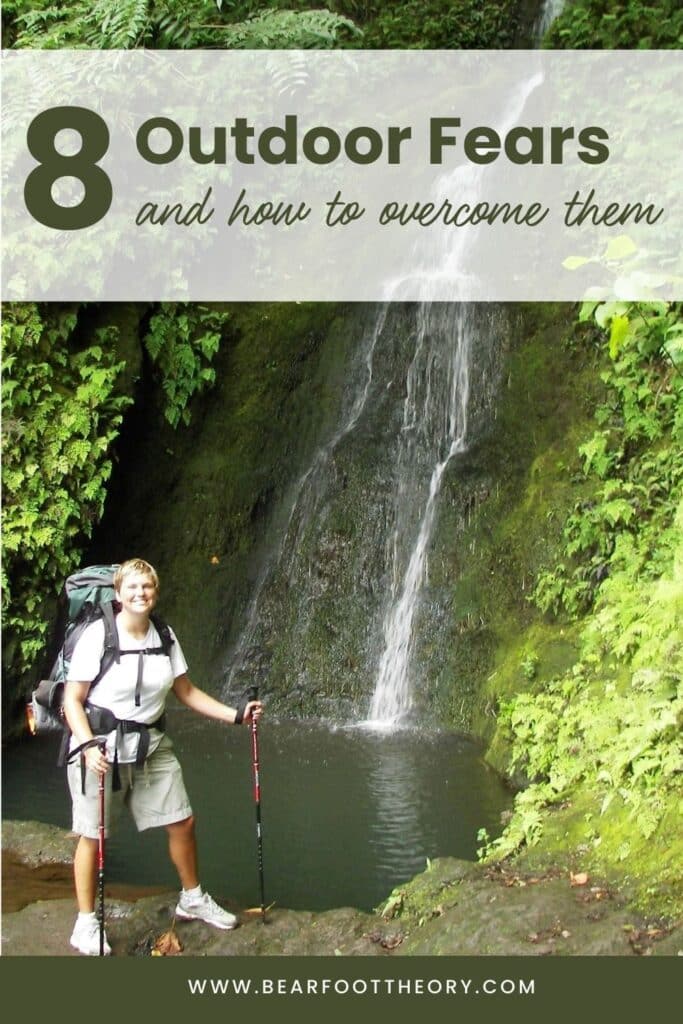 Kristen Bor standing in front of waterfall with a backpacking pack on. Text reads 8 Outdoor Fears and how to overcome them