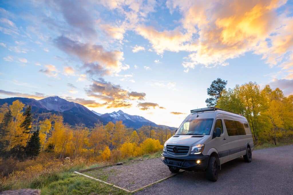 Sprinter Van parked at sunshine campground in Telluride in fall