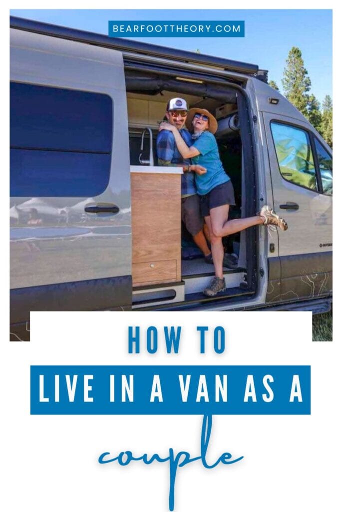 Couple standing in the doorway of a sprinter van with text "how to live in a van as a couple"