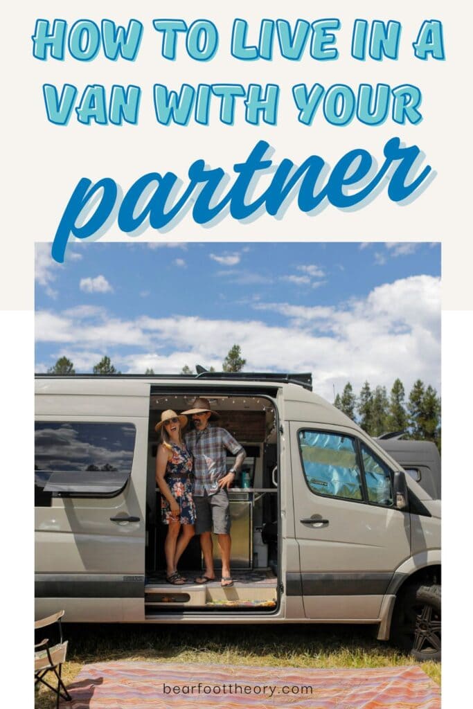 Couple standing in the doorway of a sprinter van with text "how to live in a van with your partner"