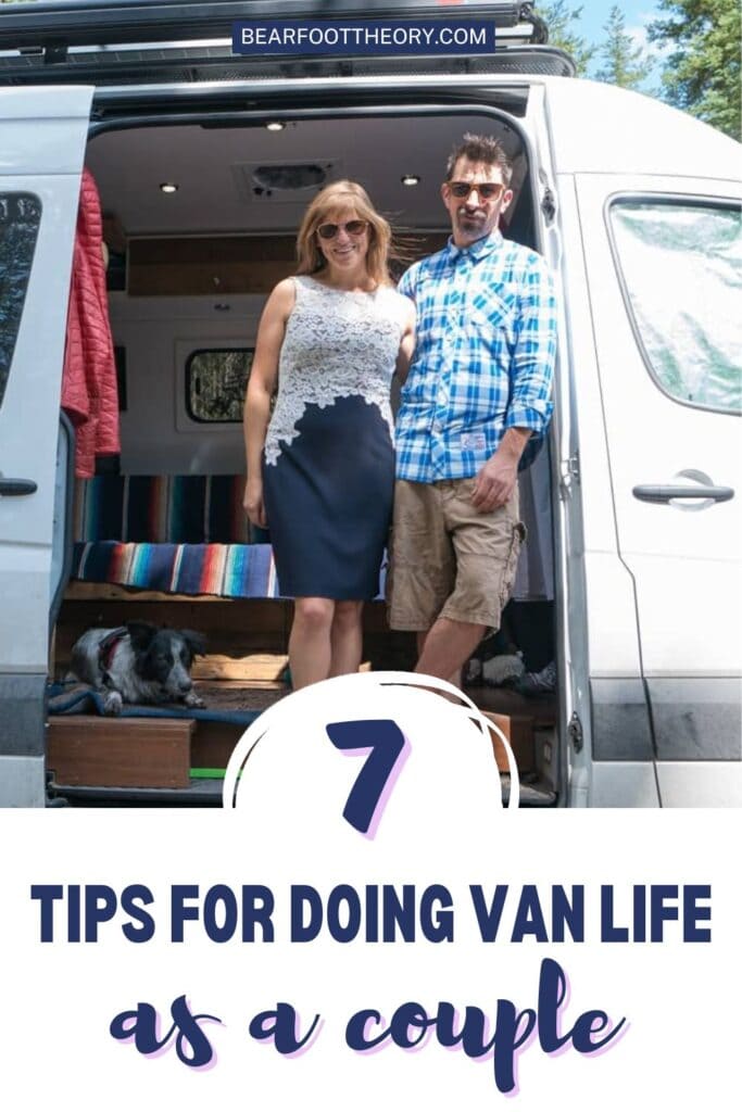 Couple in a sprinter van with text "7 tips for doing van life as a couple"