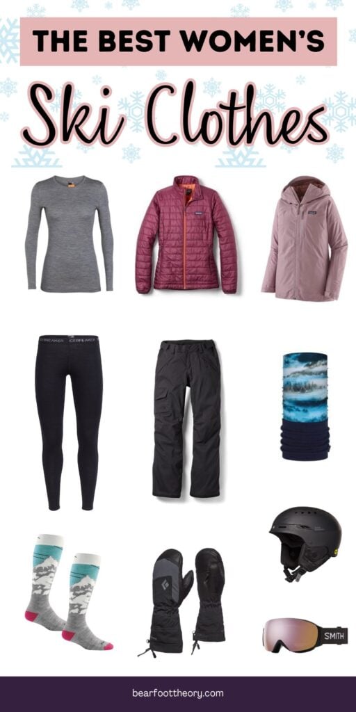 Collage of women's ski clothes with text "the best women's ski clothes"