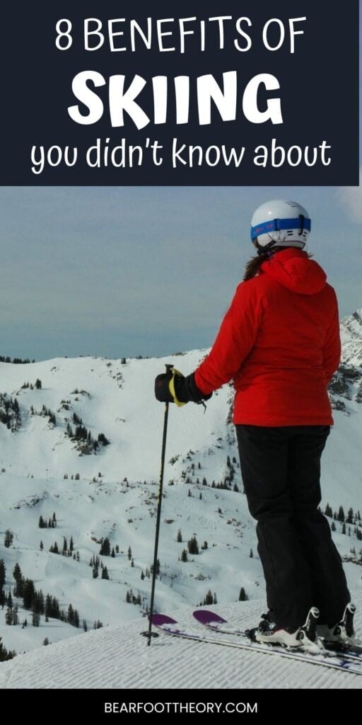 Kristen Bor skiing with text "8 benefits of skiing you didn't know about"