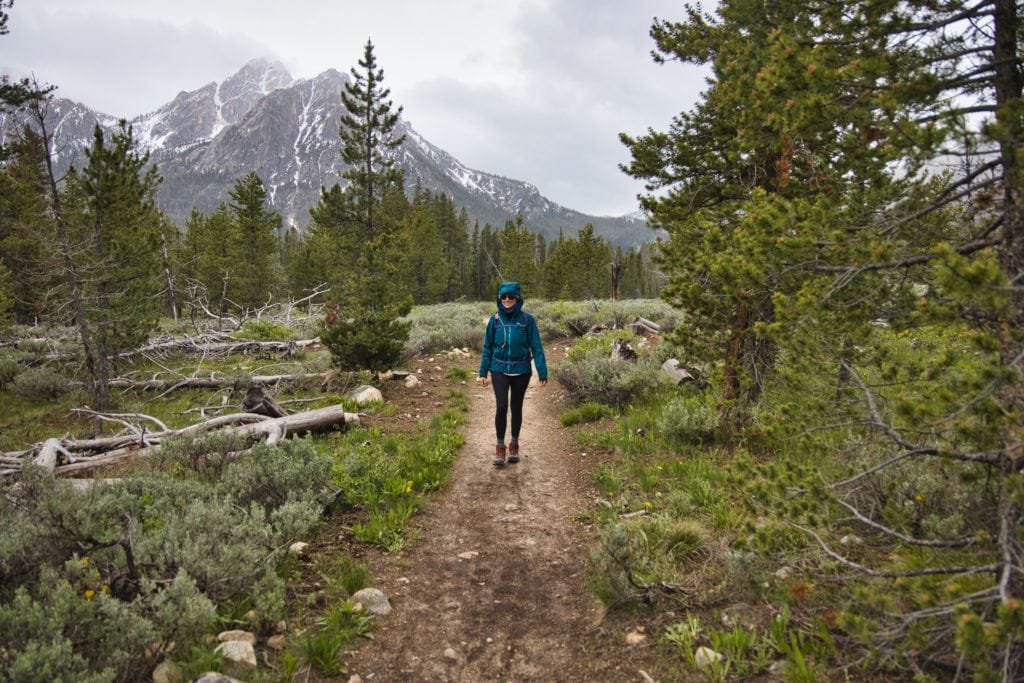 Hiker wearing rain coat on trail surrounded by trees and vegetation with cloudy skies overhead and snow-dusted mountain in background