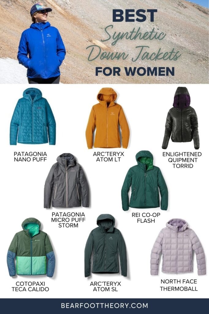 Find the best women's synthetic down jackets including lightweight, packable, vegan-friendly down alternatives for cold temperatures.