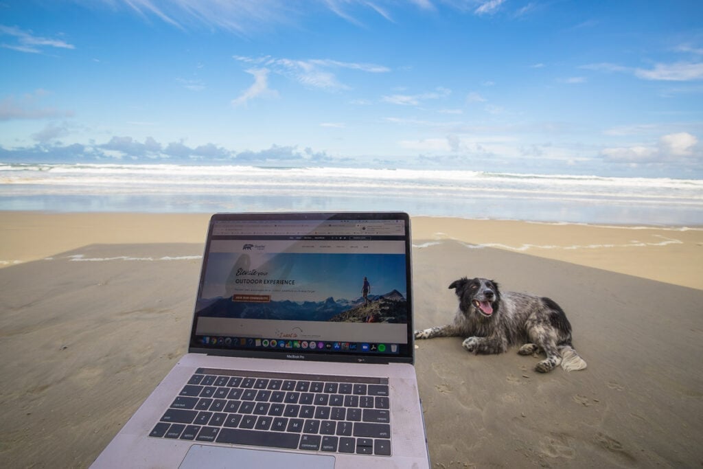 A laptop is open with the bearfoot theory website loaded. the photo background is a sandy beach with a black and white dog.