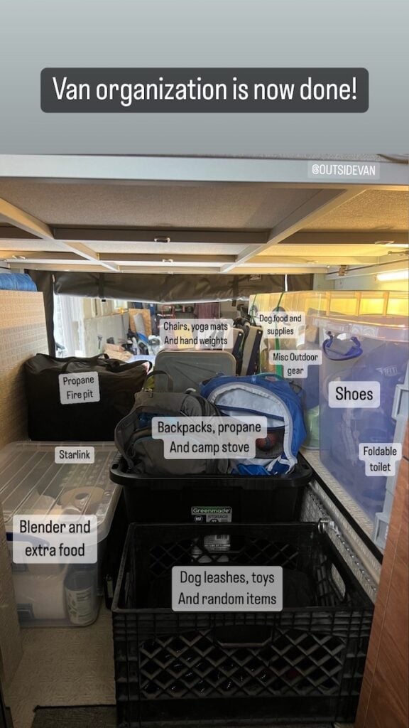 Gear organization in the garage of a 170" 4x4 Sprinter Van conversion built for outdoor adventure