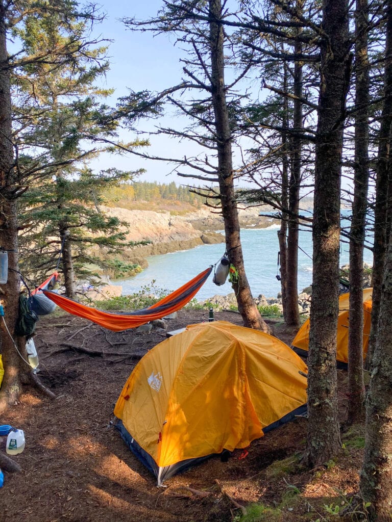 Backpacking campsite on the Cutler Coast trail on Maine's Bold Coast