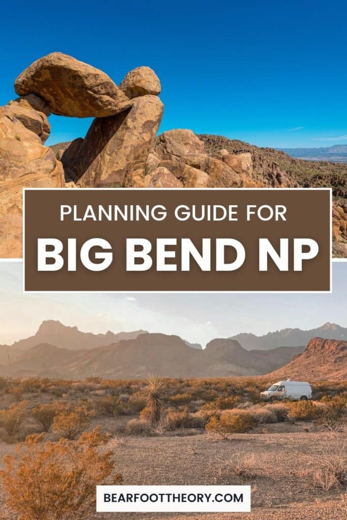 Collage of two photos: top photo of balanced rock formation. Bottom photo: van parked in dispersed desert campsite. Overlay text reads "planning guide to Big Bend National Park"