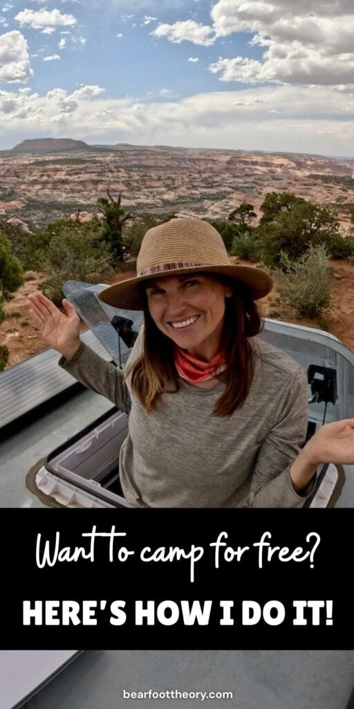 Kristen Bor popping up through skylight in the roof of a truck camper with text "want to camp for free? Here's how I do it"