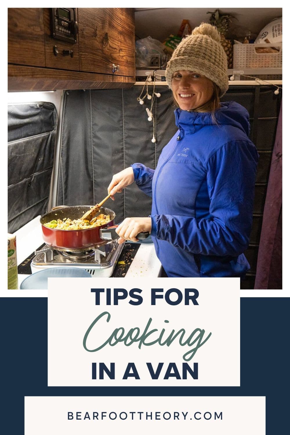 This van life cooking guide shares tips for making easy meals in a camper van including how to plan, save money, and cook in a small space.