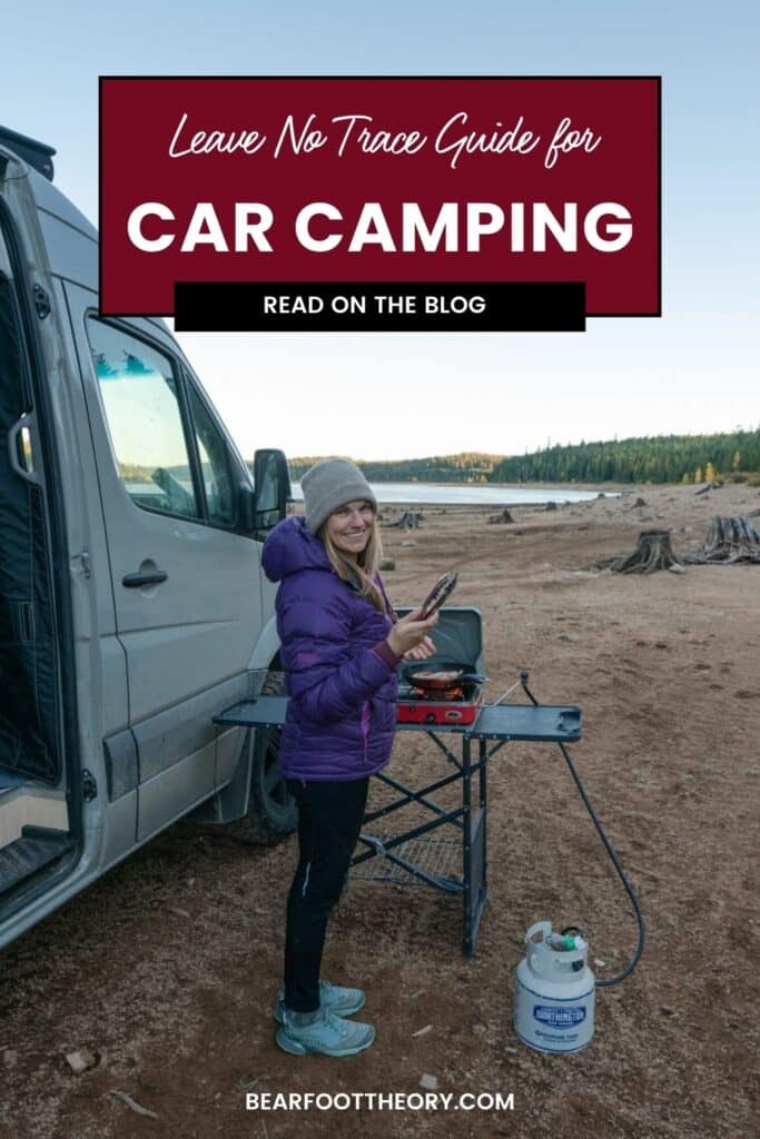 Kristen Bor standing in front of her Sprinter van cooking on an outdoor stove on a table with text that says "Leave No Trace Guide for Car camping"