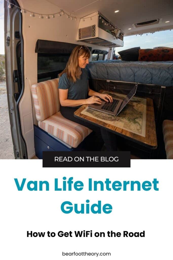 Kristen Bor working on a laptop in a Sprinter Van. Text reads Van Life Internet Guide: How to get wifi on the road