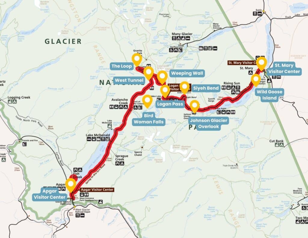 Map of the view points and attractions along Going-to-the-Sun Road in Glacier National Park