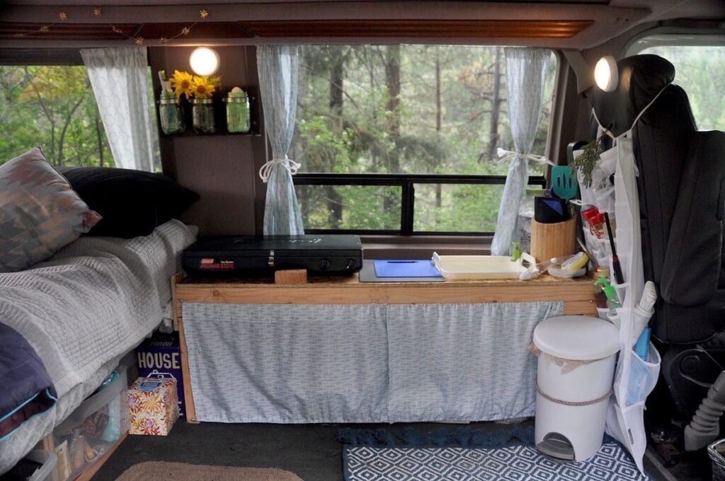 Inside of a Chevy G20 budget Camper Van