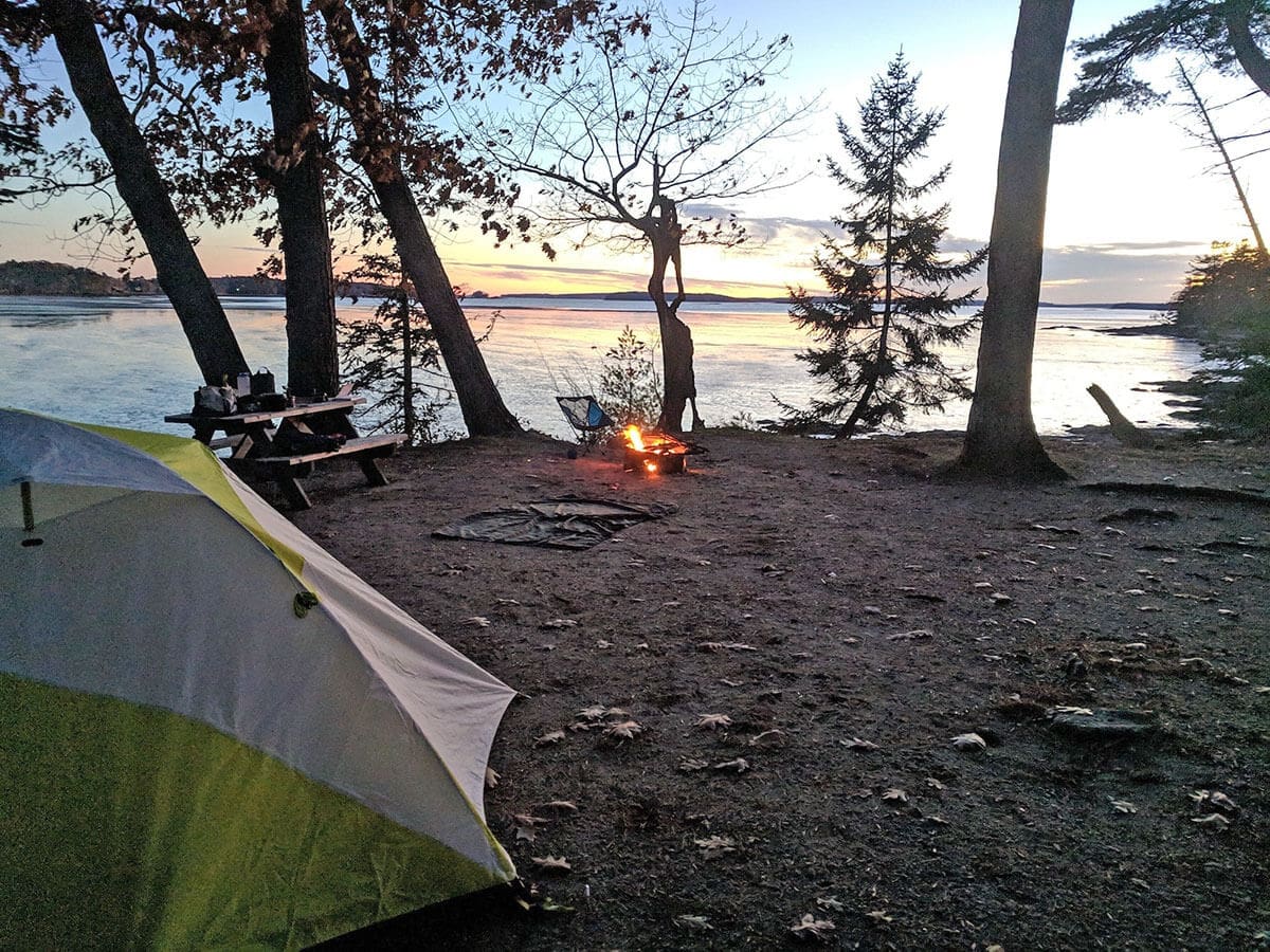 Tent set up at lakeside campsite at Wolfe's Neck in Maine