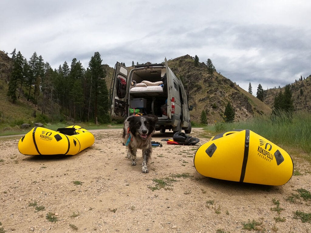 Inflatable packrafts outide our Sprinter van / Here's how to help prevent the spread of aquatic invasive species by following Clean Drain Dry whether you're rafting, kayaking, or boating.