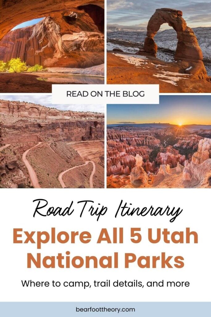 Collage of four images of Utah's National Parks. Text reads "Road Trip Itinerary: Explore all 5 Utah National Parks"