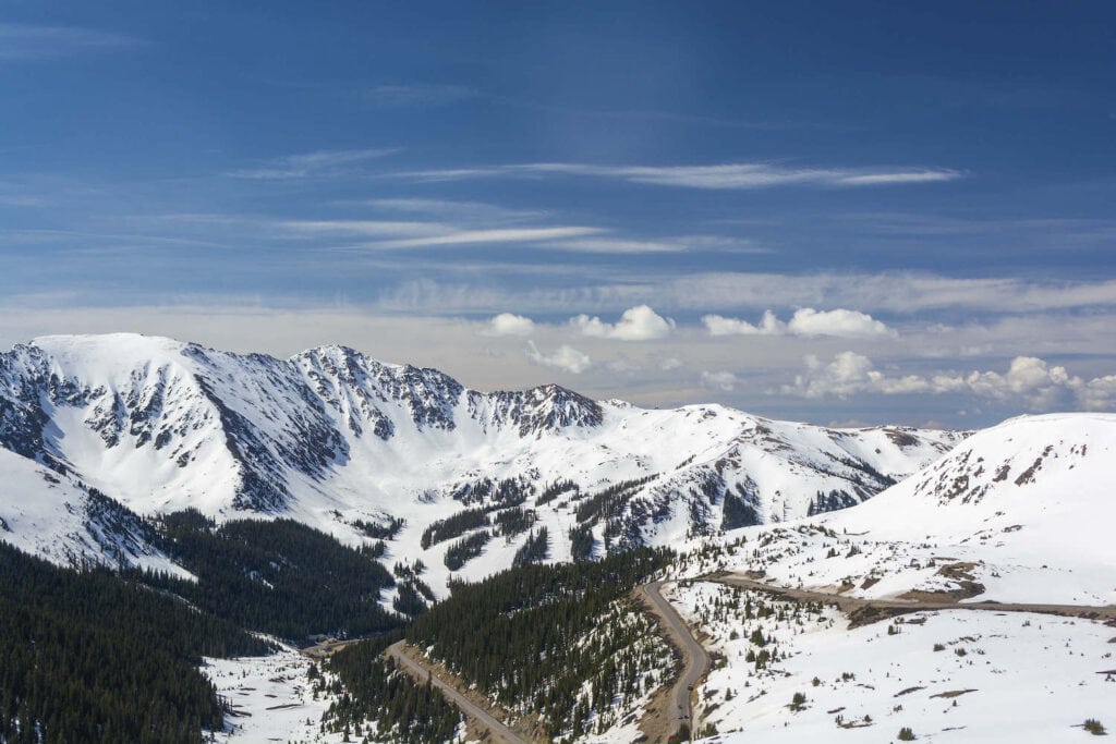 Views from across Arapahoe Basin ski resort and snowy Colorado mountains