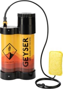 Geyser Systems camp shower // Learn the best tips for staying clean while camping including hygiene essentials, camping on your period, how to poop outdoors, and more!